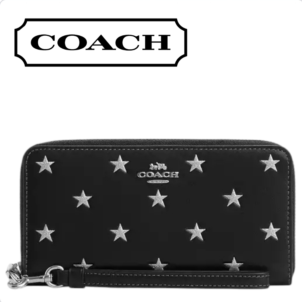 COACH Smooth Black Leather Silver Star Print Zip Around Wristlet Wallet